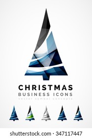 Set of abstract Christmas Tree Icons, business logo concepts, clean modern glossy design. Created with transparent abstract wave lines