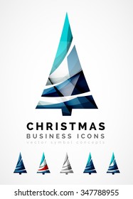 Set of abstract Christmas Tree Icons, business logo concepts, clean modern glossy design. Created with transparent abstract wave lines
