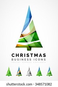 Set of abstract Christmas Tree Icons, business logo concepts, clean modern glossy design. Created with transparent abstract wave lines