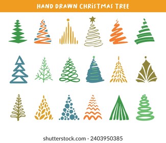 Set of abstract christmas tree in organic shape for trendy decoration and wall art decor contemporary hand drawn