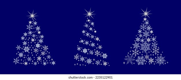 Set of abstract Christmas tree with snowflakes and stars pattern. Xmas, New Year greeting cards template. Banner, border, cover design on dark blue background. Vector realistic illustration.