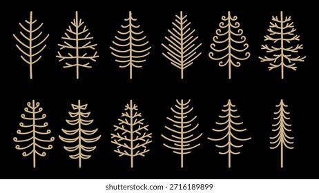 Conjunto de árboles de Navidad Abstractas de oro Antiguas dibujado a mano Colección. Ilustración vectorial