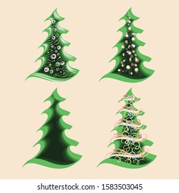 Set of Abstract Christmas trees for Greeting Cards. Elements of Green Magic Forest, Park or Garden for Children Book Decoration. Holiday Objects for the Game Isolated on White Background