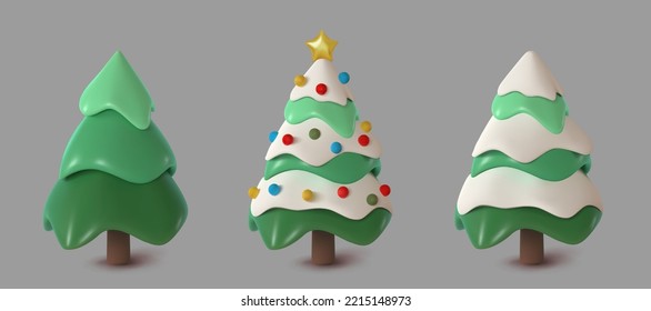 Set of Abstract Christmas trees, snow-covered and decorated. Vector 3d illustration. Happy New Year and Merry Christmas
