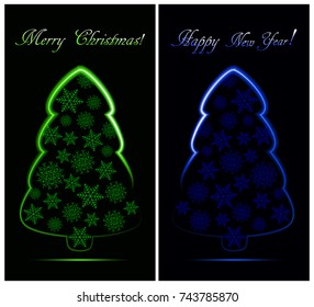 Set of abstract Christmas trees with snowflakes