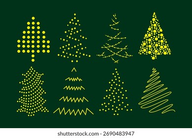 Set of abstract Christmas trees in yellow color - modern design, vector illustration elements on green background