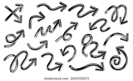 Set van abstracte chroom 3D pijlen met pixelated halftone textuur in Y2K stijl. Metalen draadvormen met dynamische curven, lussen en schetsmatige omtrek