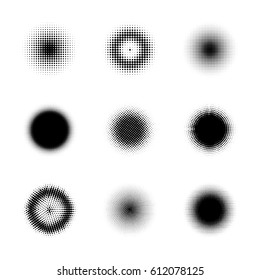 Set of abstract circle halftone design elements. Vector.