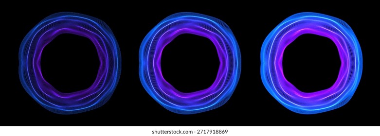 Conjunto de marco de ondas de línea de círculo Abstractas aislado sobre fondo negro.
Onda de sonido musical. Ecualizador de ecualización digital. Ilustración vectorial de Tecnología. 
