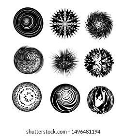Set of abstract circle pattern shapes. Monochrome geometric round elements.