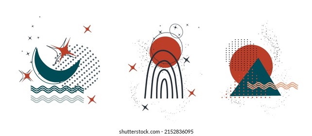 set of abstract circle, rainbow, moon. hand-drawn organic objects. isolated banner inside . minimalism, boho art style. for paper, printing, banner, postcard