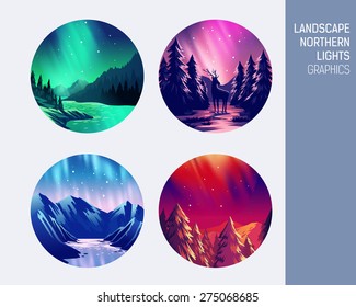 Set abstract circle vector landscape northern lights