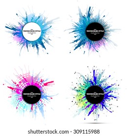 Set of abstract circle white banners with place for text and watercolor stains. Colorful backgrounds, business vector patterns for your design.