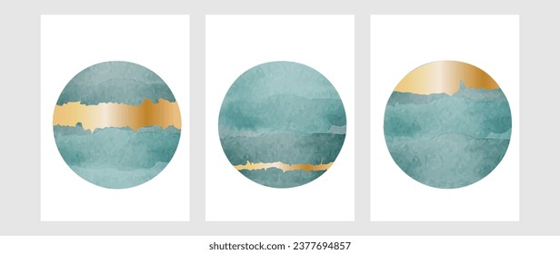 Set of abstract circles in blue with blue, waves with golden details. Hand painted for wall decoration, postcard, social media banner background. Modern abstract painting. vector pattern	