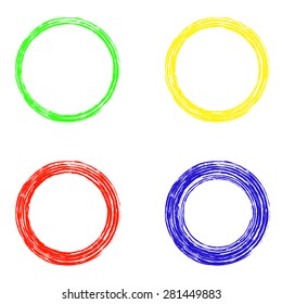 Set of abstract circles on white background,  Blue, yellow, red and green colors. Icons, design elements.  Vector illustration