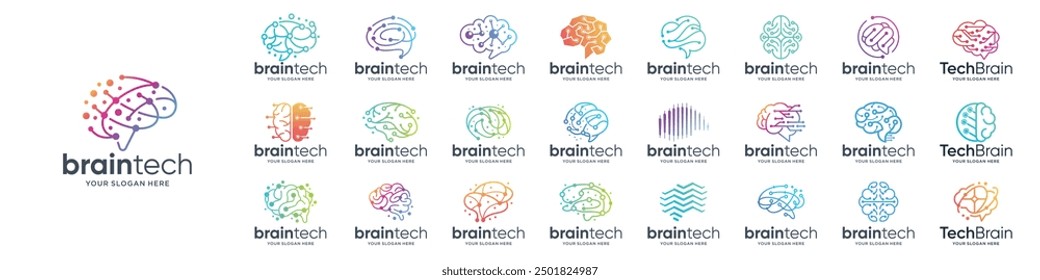 Set of abstract circuit lines dot brain tech logotypes collections. Logo for science innovation, machine learning, perfect brand for business technology.
