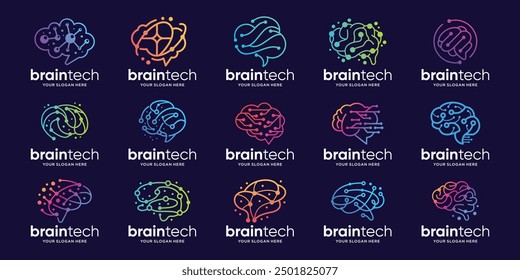 Set of abstract circuit lines dot brain tech logotypes collections. Logo for science innovation, machine learning, perfect brand for business technology.