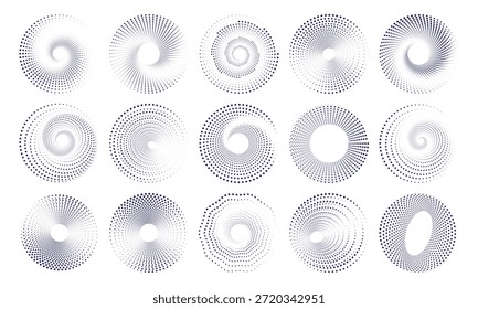 Conjunto de padrões de espiral pontilhados circulares abstratos em estilo geométrico moderno, ideal para fundos, projetos de tecnologia, arte digital, branding, cartazes e projetos gráficos criativos.