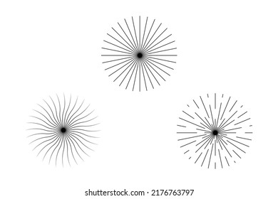 Set of abstract circular elements, lines, stripes. Memphis style. Wavy, discontinuous, straight diagonals. Editable stroke. Isolated. Vector illustration.