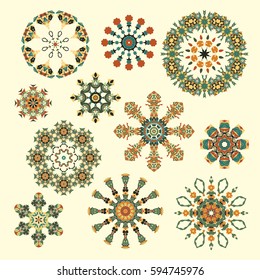 Set of abstract circular elements. Round colorful mandalas. Graphic template for your design. Decorative retro ornament. Vector illustration.