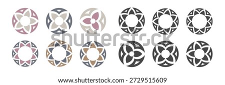 Set of abstract circular floral ornaments in black and pastel color variations. Geometric mandala designs with symmetrical petals, suitable for logos, branding, patterns, modern decor, and minimalist backgrounds