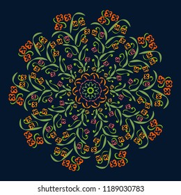 Set of abstract circular floral patterns on dark background. EPS 8