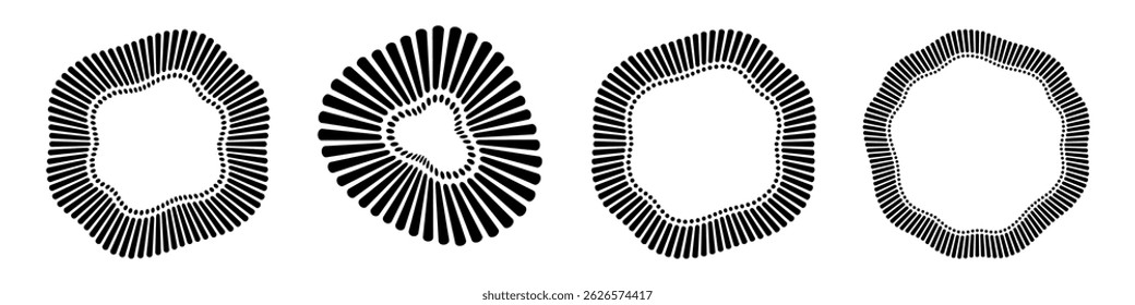 Set of abstract circular frames with radial black concentric particles. Rings of short thin rays and dots with wavy silhouette isolated white background. Organic forms. Vector illustration.