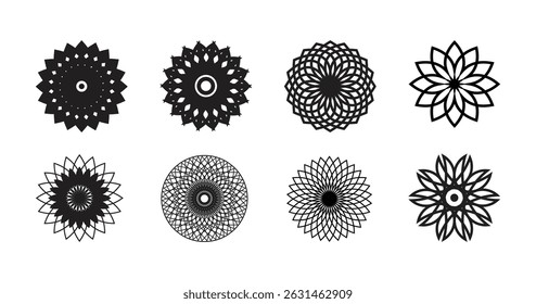 Set of abstract circular geometric black mandala vector design. 