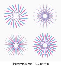 Set of abstract circular geometric shapes. Sacred geometry. Sunburst, starburst shapes. Design elements. Radial, merging lines. Star symbols. Round logos. Vector color illustrations.