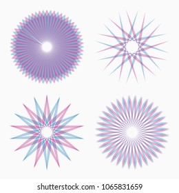 Set of abstract circular geometric shapes. Sacred geometry. Sunburst, starburst shapes. Design elements. Radial, merging lines. Star symbols. Round logos. Vector color illustrations.