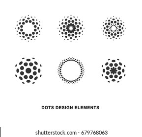 Set of abstract circular halftone dots design elements. Digital flower icons design. Dotted logo templates.  Vector illustration.