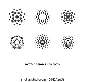 Set of abstract circular halftone dots design elements. Digital flower icons design. Dotted logo templates.  Vector illustration.