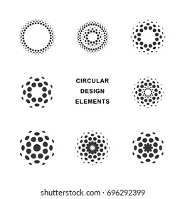 Set Of Abstract Circular Halftone Dots Design Elements. Digital Flower Icons Design. Dotted Logo Templates.  Vector Illustration.