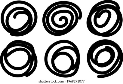 Set of abstract circular hand drawn scribble art. Sketch graphic design isolated on white background.