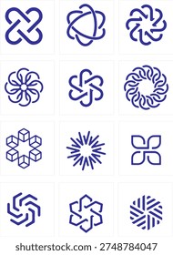 Set of abstract circular line icons with geometric swirl shapes. Modern minimal vector symbols suitable for technology, AI, network, loading indicators, branding logos, and digital interface design. Clean monoline style isolated on white background, perfect for UI, app design, branding, and futuristic identity projects.