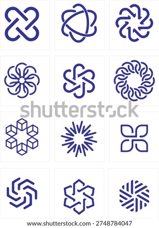 Set of abstract circular line icons with geometric swirl shapes. Modern minimal vector symbols suitable for technology, AI, network, loading indicators, branding logos, and digital interface design. Clean monoline style isolated on white background, perfect for UI, app design, branding, and futuristic identity projects.