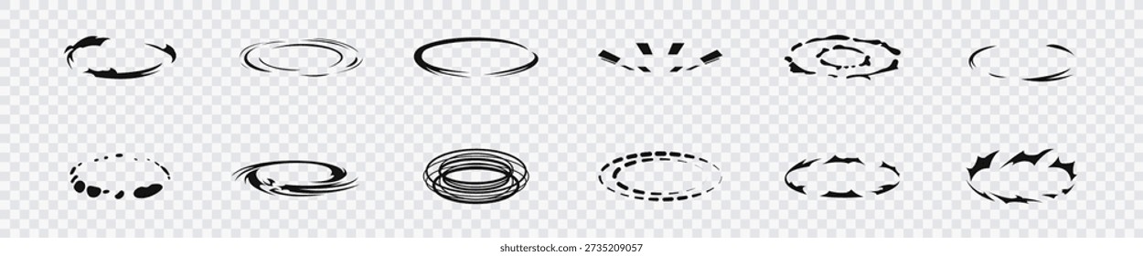 Set of abstract circular motion lines and dynamic ring shapes on a transparent background. Speed and rotation effects for comic design, video games, motion graphics, animations, user interface elements, and graphic design projects.