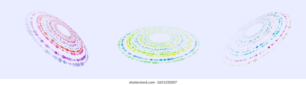 Set of abstract circular orbits made of colored dots, depicted in perspective on a white background. Vector elements for infographics, presentations, data visualization, digital and scientific design.