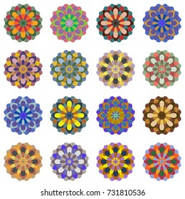 Set of abstract circular pattern or mandala in vector on isolated background. Graphic template for design, vintage decorative element in arabic, african, moroccan, mexican, peruvian style.