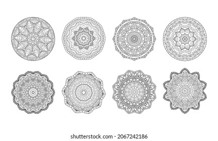 Set of abstract circular patterns in form of mandala with geometry elements and small details. Vector illustrations for coloring book, henna, mehndi, tattoo, logo