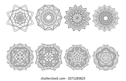 Set of abstract circular patterns in form of mandala with geometry elements and small details. Vector illustrations for coloring book, henna, mehndi, tattoo, logo