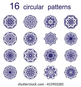 Set of abstract circular patterns or mandalas in vector. Graphic template for your design. Decorative retro ornament. Hand drawn background in floral style.