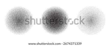 Set of abstract circular shapes with grainy, stippled texture. Collection of dotwork to create a noise gradient, perfect for retro shading or grunge design elements