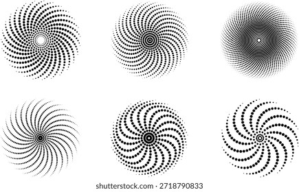 Set of abstract circular spiral designs made of halftone dots. Geometric radial patterns suitable for backgrounds, posters, modern design, branding and print use.