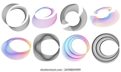 Conjunto de formas de linha de onda circular abstratas com gradiente e fluxo suave. Perfeito para marcas, gráficos em movimento, cartazes técnicos e design de interface de usuário mínima. Elementos vetoriais geométricos modernos para arte digital