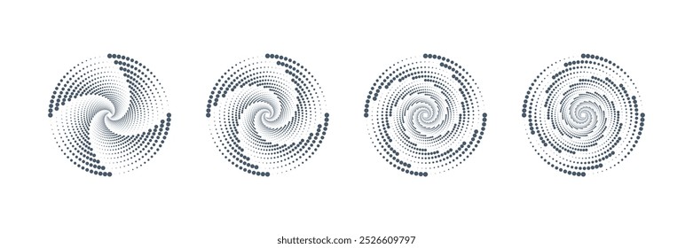 Set Of Abstract Circular Waves. Spiral Wave With Halftone Dots In Circle Isolated On White Background. Flat Vector Design Template Element.