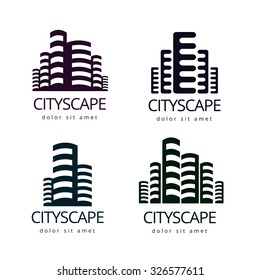 Set Of Abstract Cities, Building Logo Icon Design Template. Vector Business Elements.