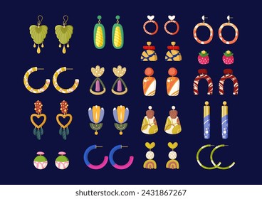 Set of abstract clay earrings. Collection of earrings in boho style. Woman Geometric jewelry. Vector illustration of fashion accessories isolated on dark background