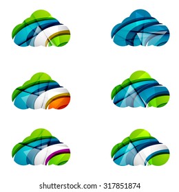 Set of abstract cloud computing icons, business logotype concepts, clean modern geometric design. Created with transparent abstract wave lines