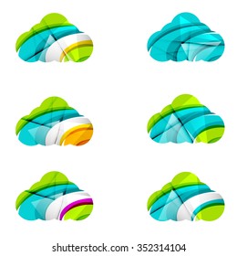 Set of abstract cloud computing icons, business logotype concepts, clean modern geometric design. Created with transparent abstract wave lines
